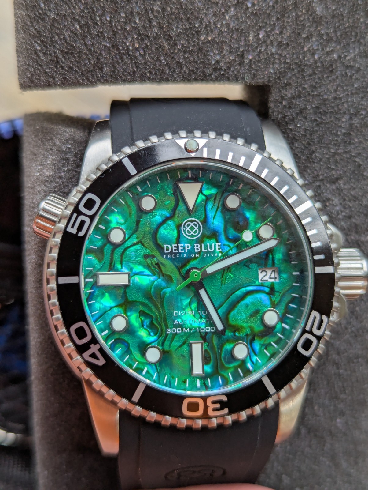 DEEP BLUE 40 MM DIVER 1000 AUTOMATIC BLACK CERAMIC BEZEL – GREEN ABALONE
