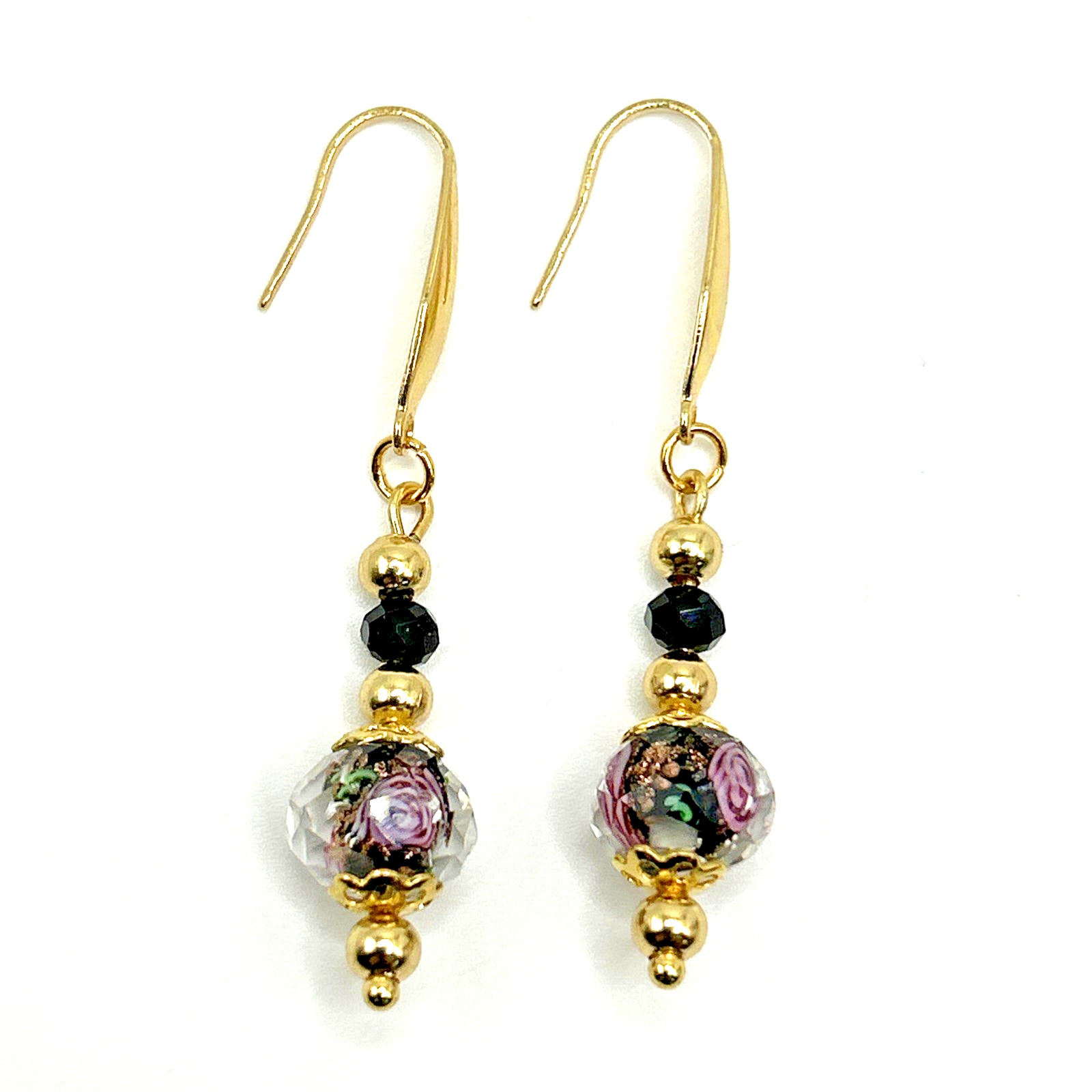 Tiny Pink Roses Lampwork Glass Beaded Dangle Drop Earrings Gold Stainless Steel