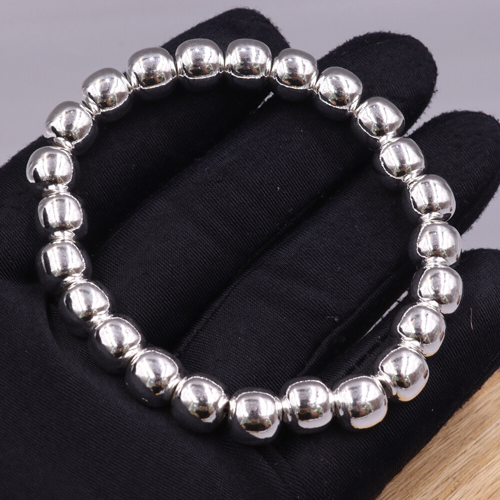 Pure S999 Fine Silver 999 Bangle Men Women Lucky 7mm Beads Bracelet 26-27g