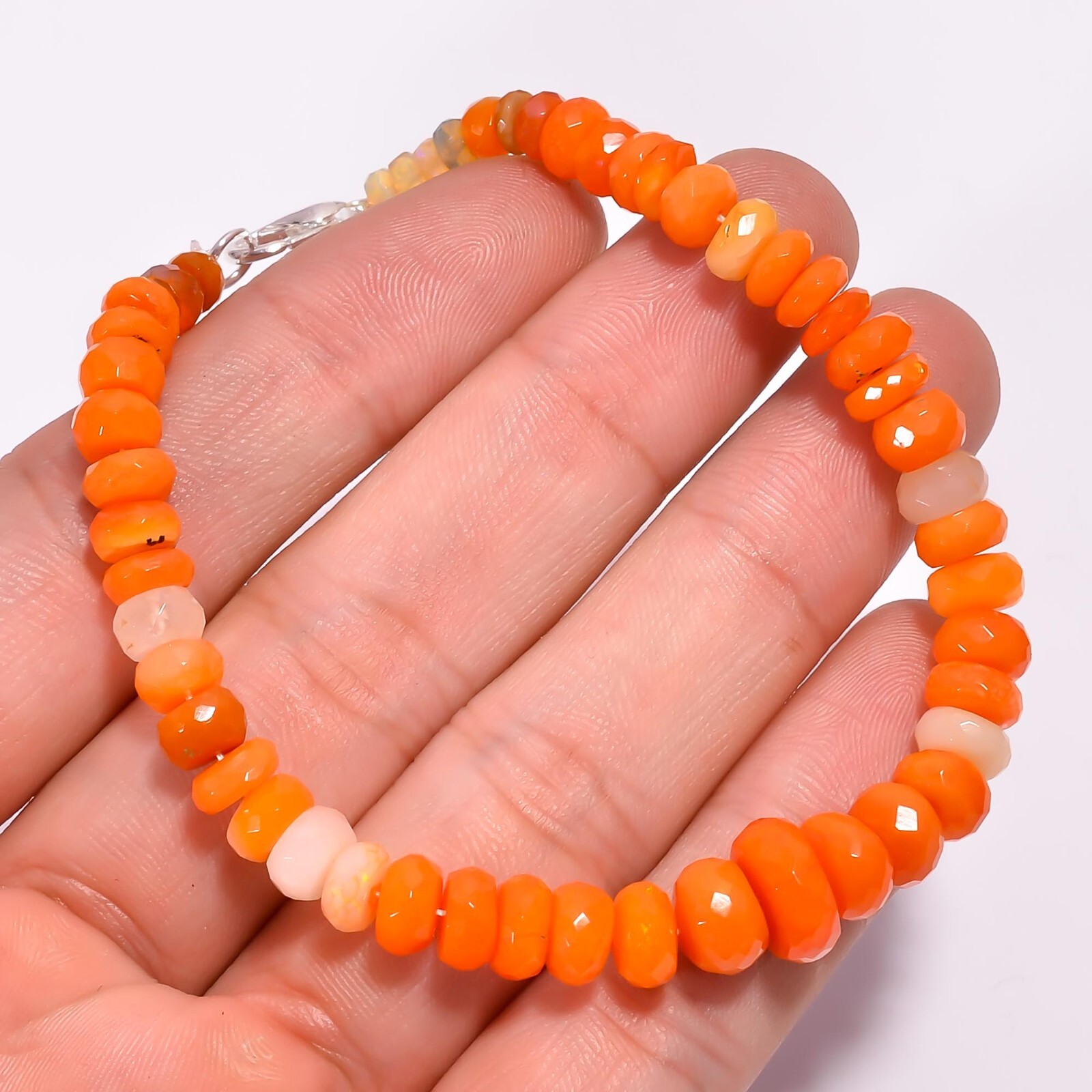 43.3 Ct. Fire Ethiopian Opal Gemstone Rondelle Faceted Beads Bracelet 7″ A-3738