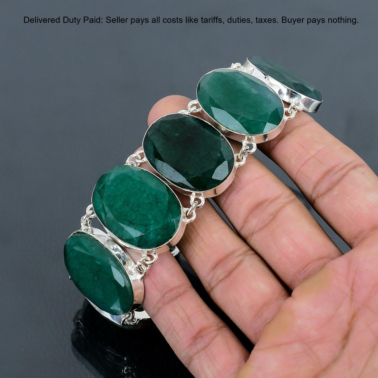 925 Sterling Silver Oval Zambian Emrald Gemstone Handcrafted Wife Chain Bracelet