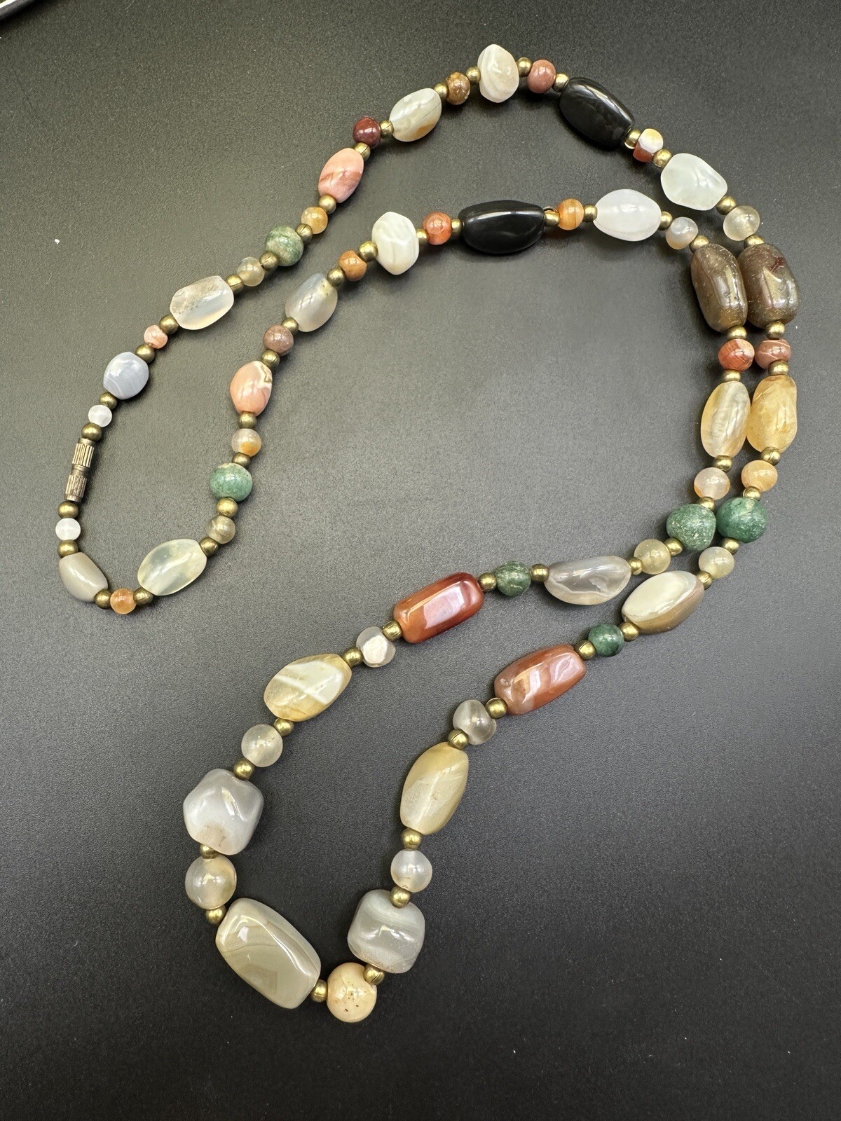 VTG Multi Gemstone Agate Brass Trade Necklace 34” Retro 70s 114g