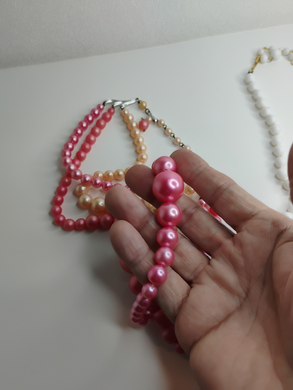 Japan On Clasp Two Necklaces ,Pink And White Faux Pearls, , Vtg