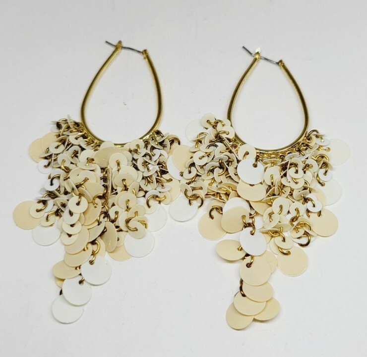 Gigi In Style Cream & White sequin Design OVAL Hoop Dangle Earrings 3.75 in Drop