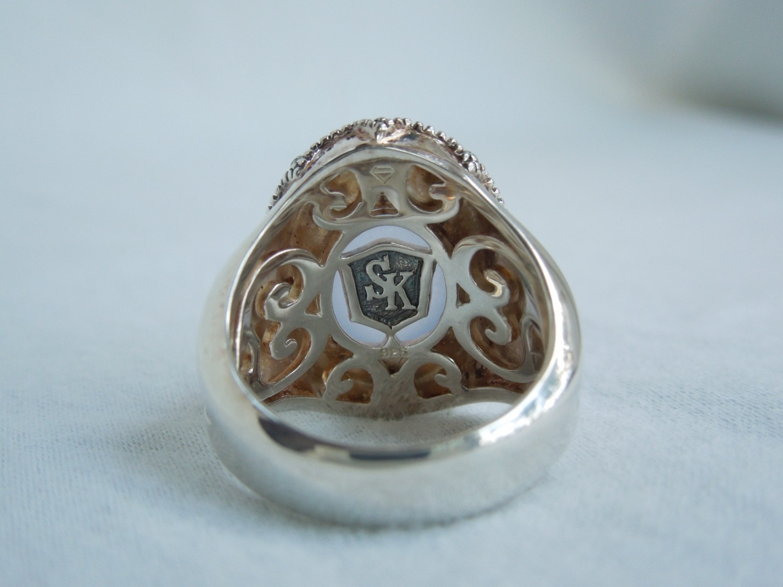 Scott Kay Blue Chalcedony & White Sapphire Gold Vermeil & Silver Ring sz7 $795
