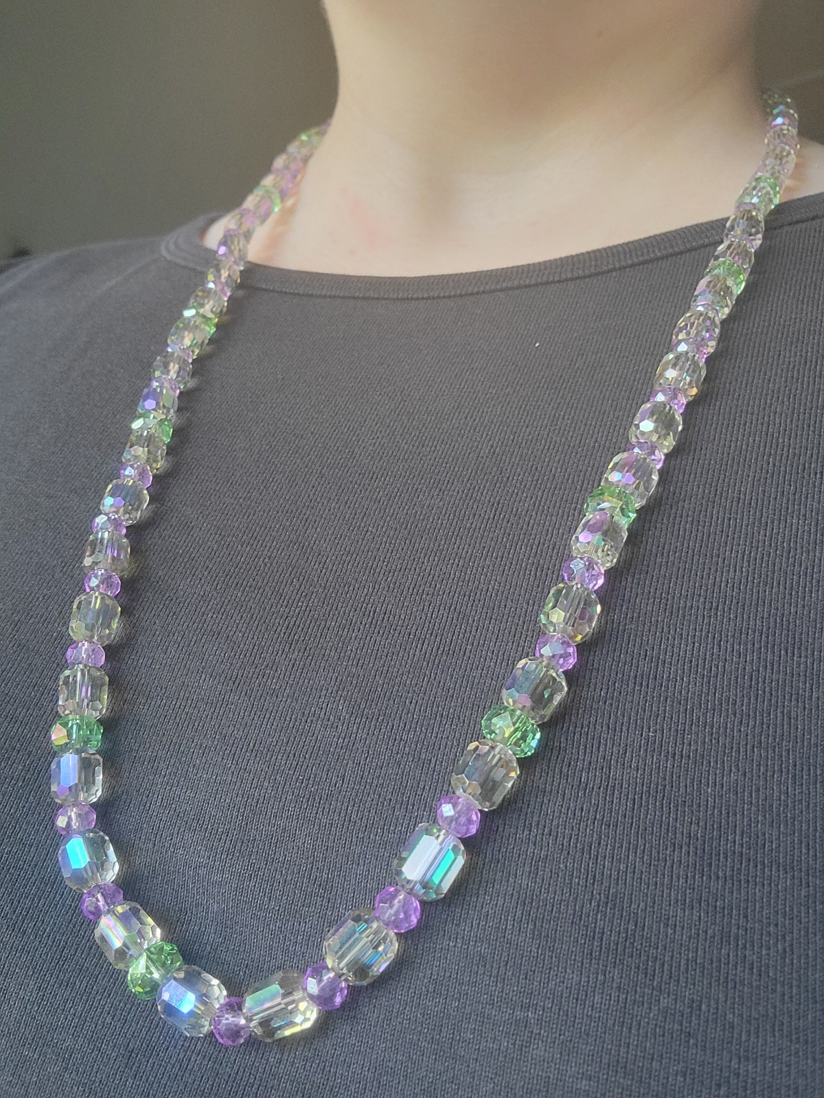 Iridescent Genuine Crystal Beaded Necklace in Purple & Green Artisan Handmade