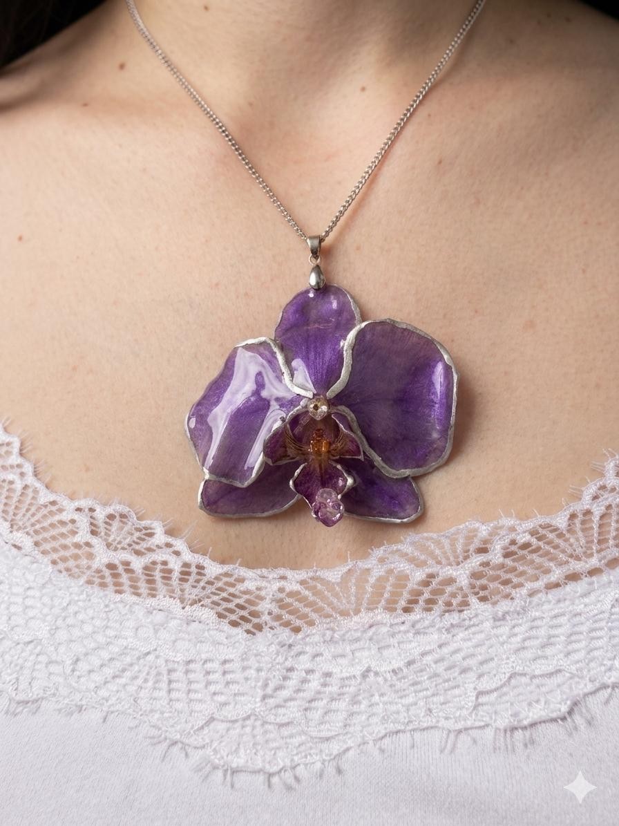 Real Orchid Necklace Preserved Flower Resin Pendant Stainless Steel Handmade