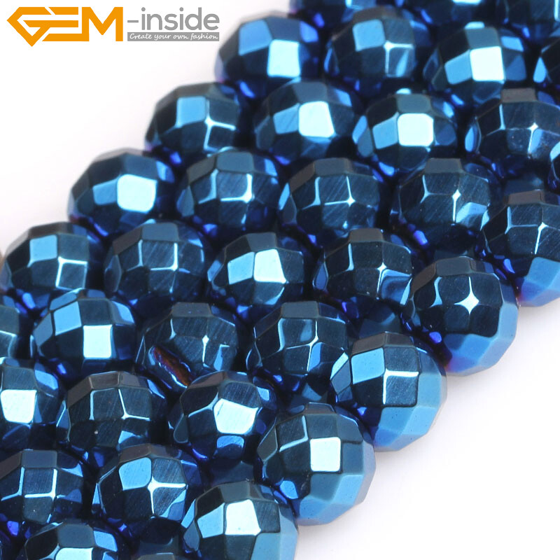 Round Blue Metallic Coated Hematite Faceted Stone Loose Beads Jewelry Making 15‘