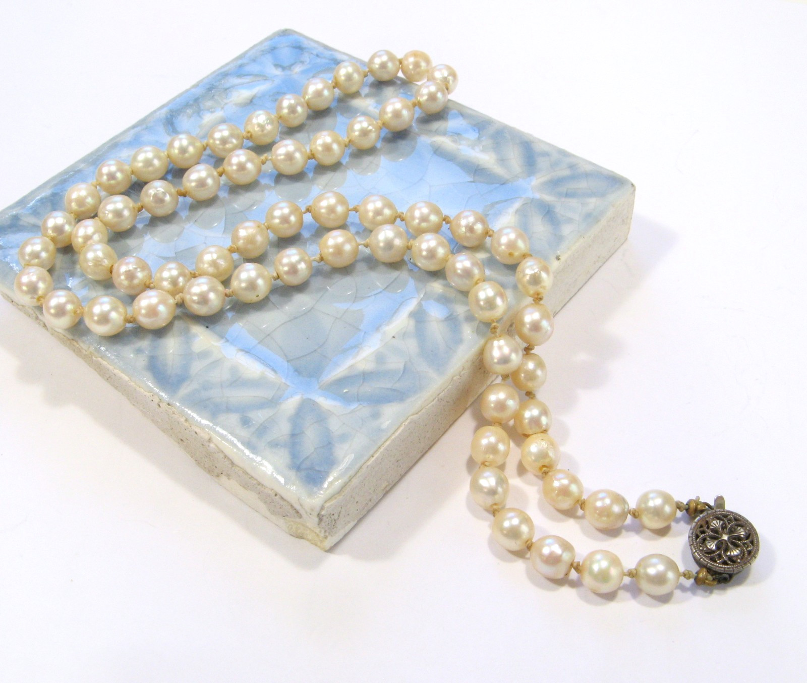 Vintage AKOYA Cultured PEARL Hand-knotted NECKLACE 6mm Sterling Silver 17.75″