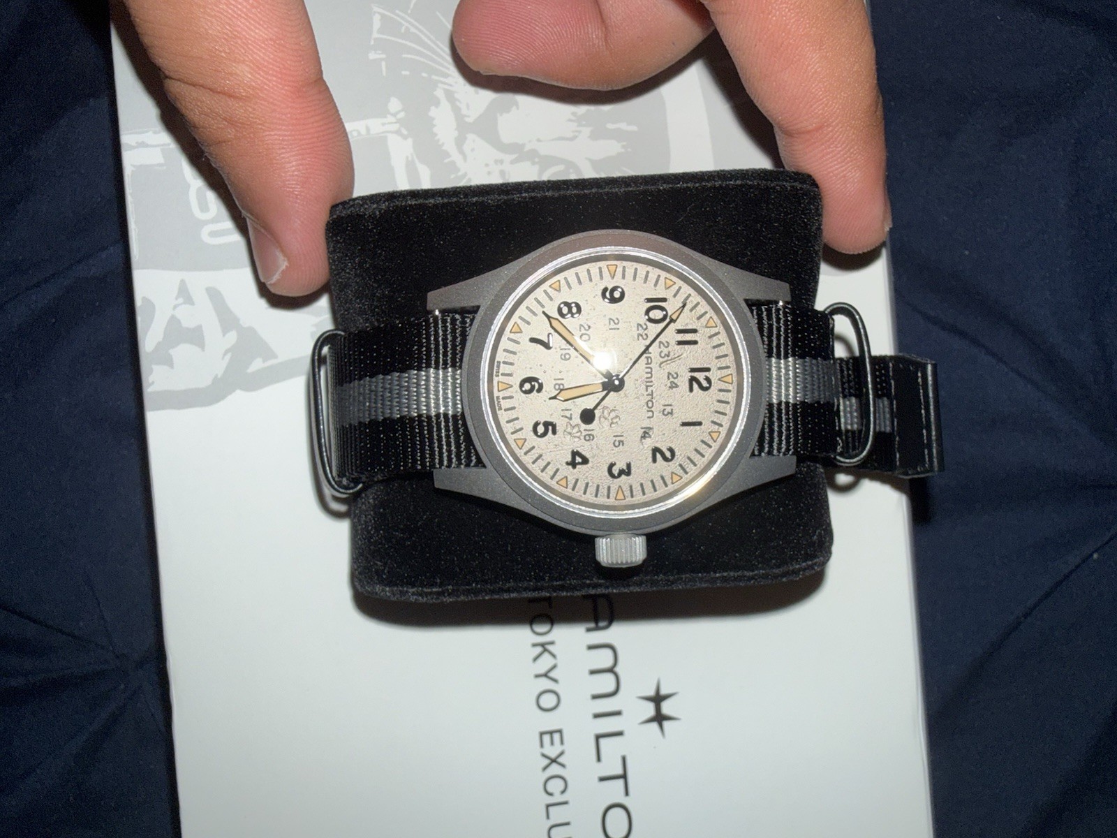 Hamilton Khaki Field Tokyo Alley Cat 38mm Black/Gray NATO Strap Box Papers