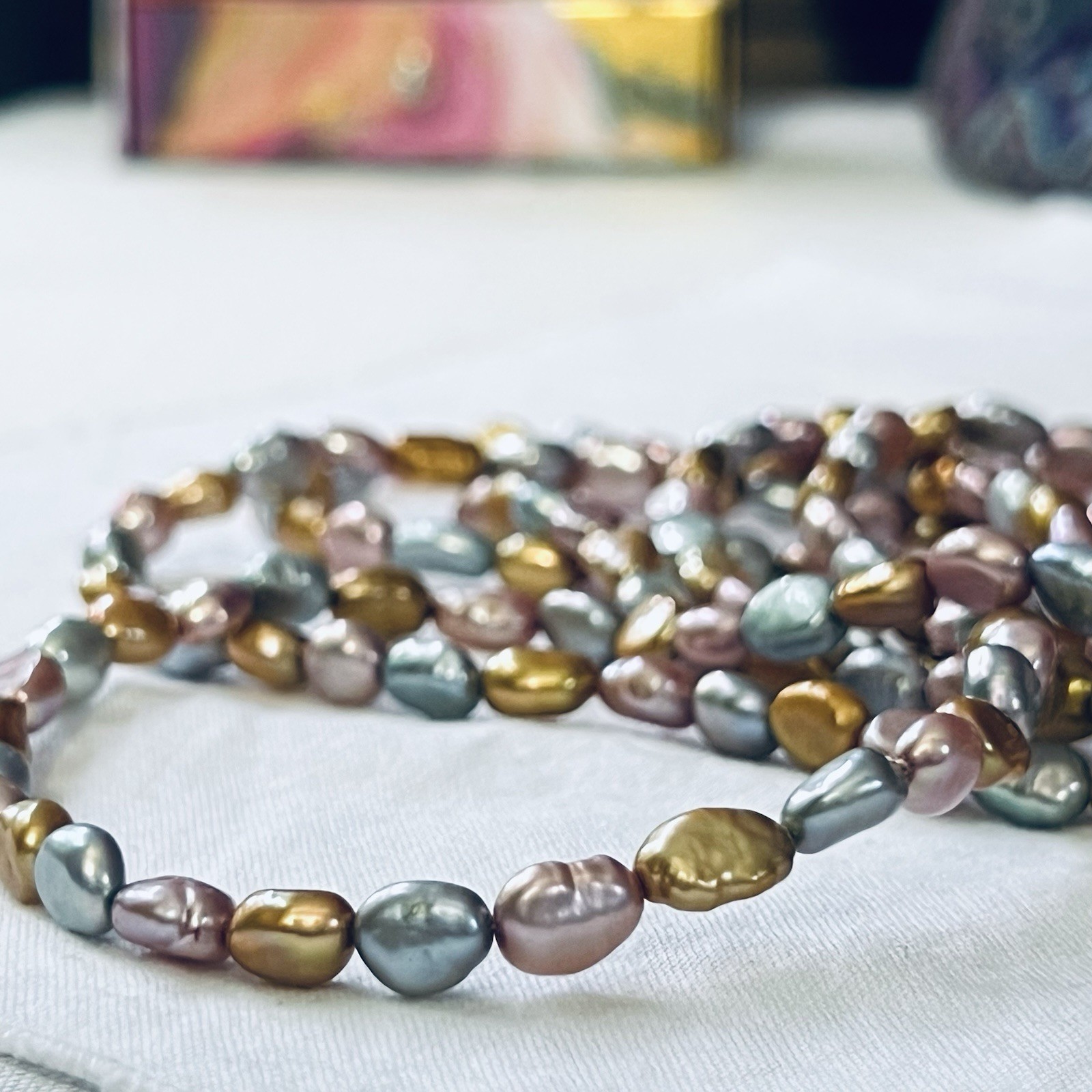 Estate Dyed Pink Grey Gold Freshwater Pearl Flapper Length Necklace, 62”