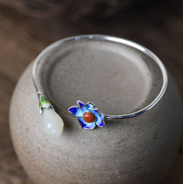 I05 Cloisonne Bangle Silver 925 Blue Green Petals White Jade Agate