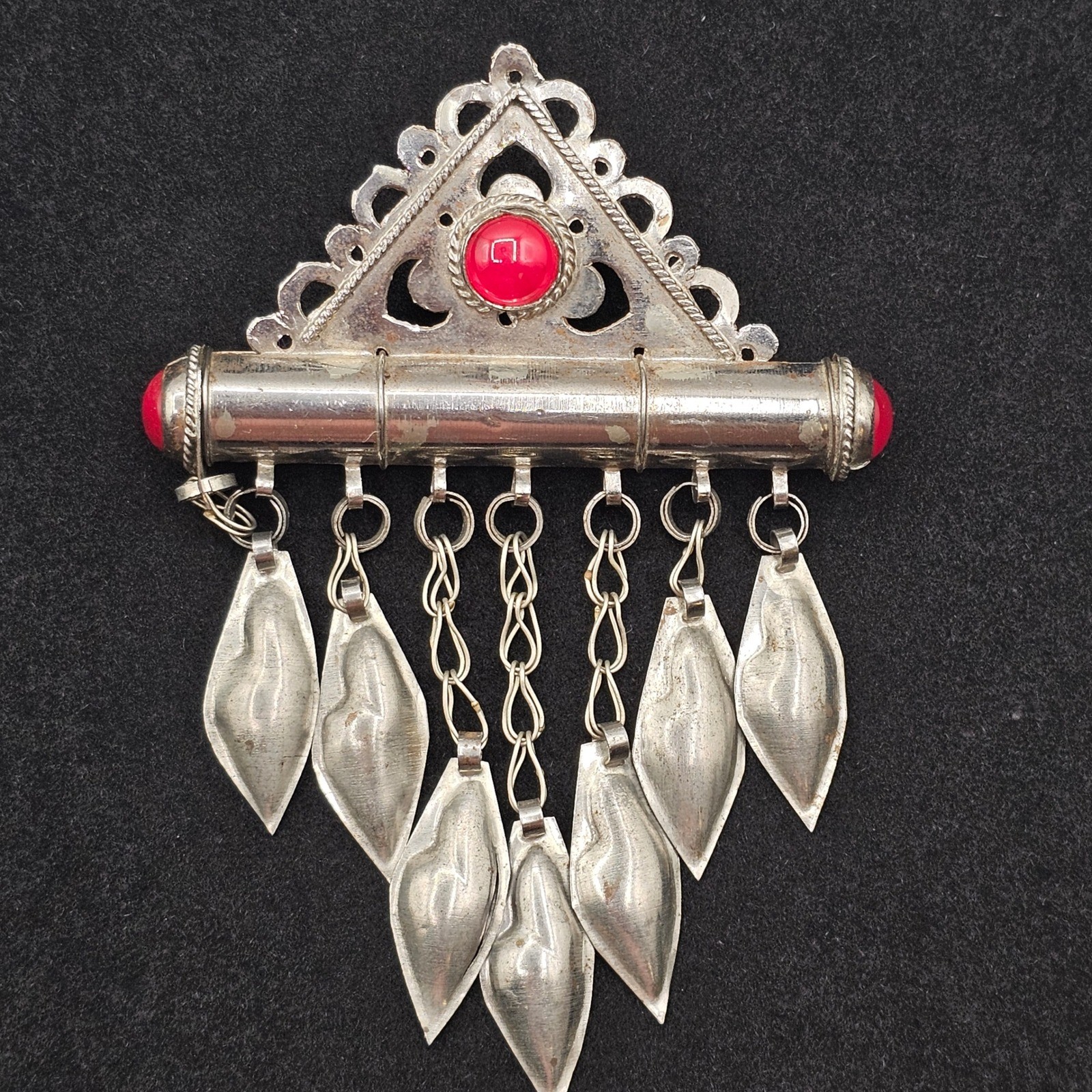 Vintage Turkman Tumar Amulet Pin Tube Verse Holder Red Glass Cabochons