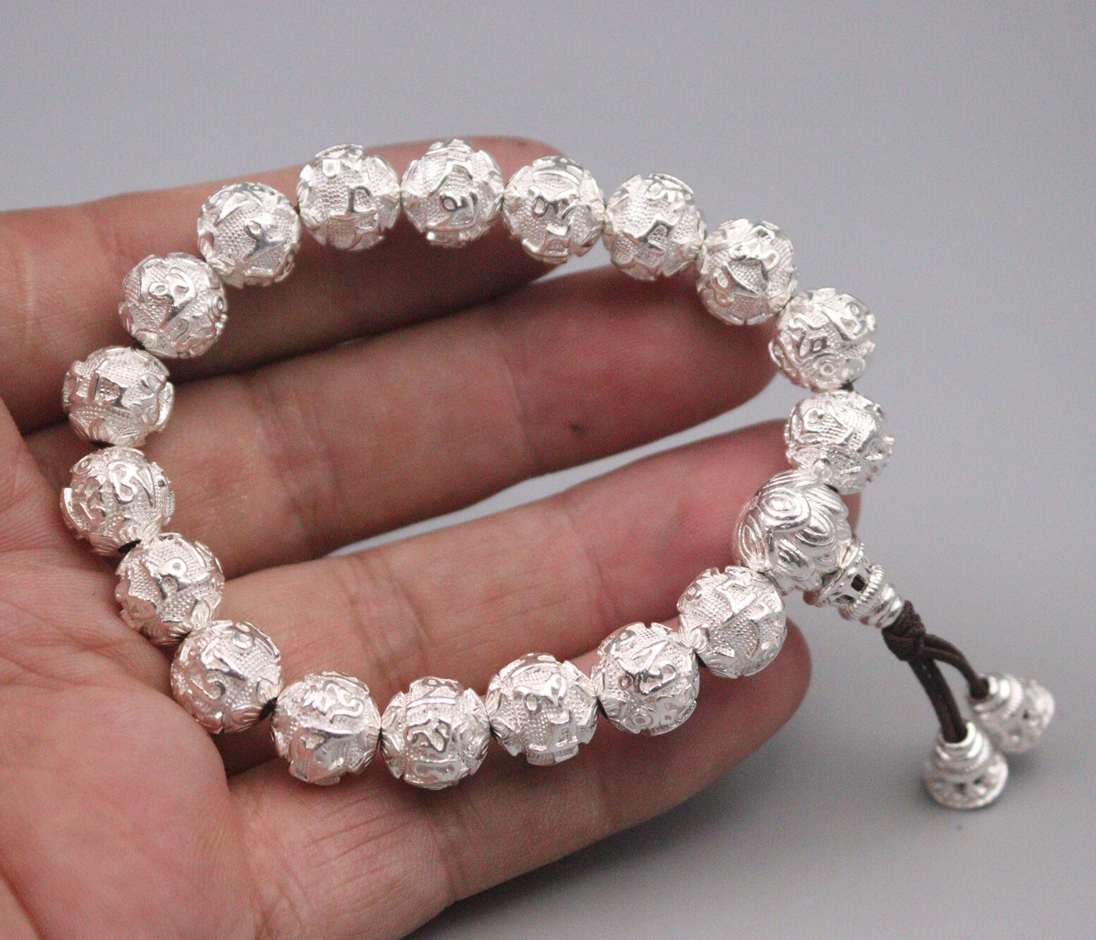 Pure Silver Bracelet For Men Women Sutra Mantra Lucky 10mm Beaded Bracelet