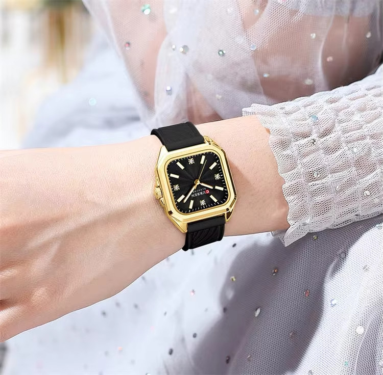 CURREN Womens Black Silicone Watch Gold Square Case Quartz 3ATM