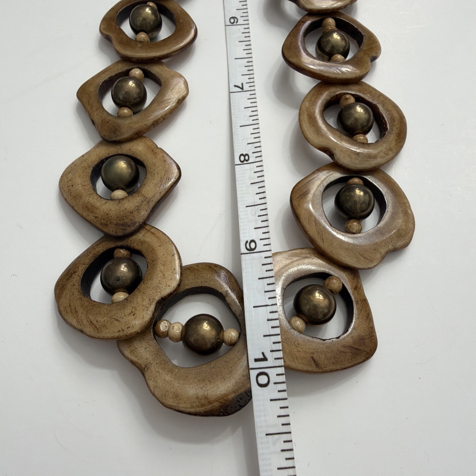 Artisan Vntg Wood Statement Necklace Carved Wooden Links with Brass Tone Beads