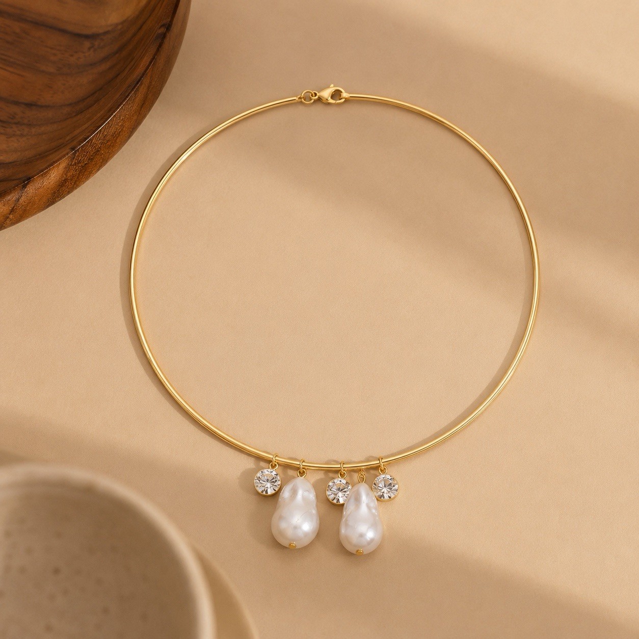 Gold Pearl Charm Choker Necklace, Baroque Pearl & Crystal Statement Necklace