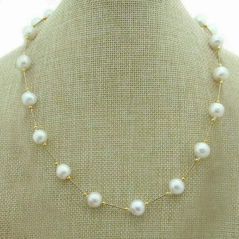 18 inch Akoya new round AAAA 8-9 mm white pearl station necklace 14K Gold clasp