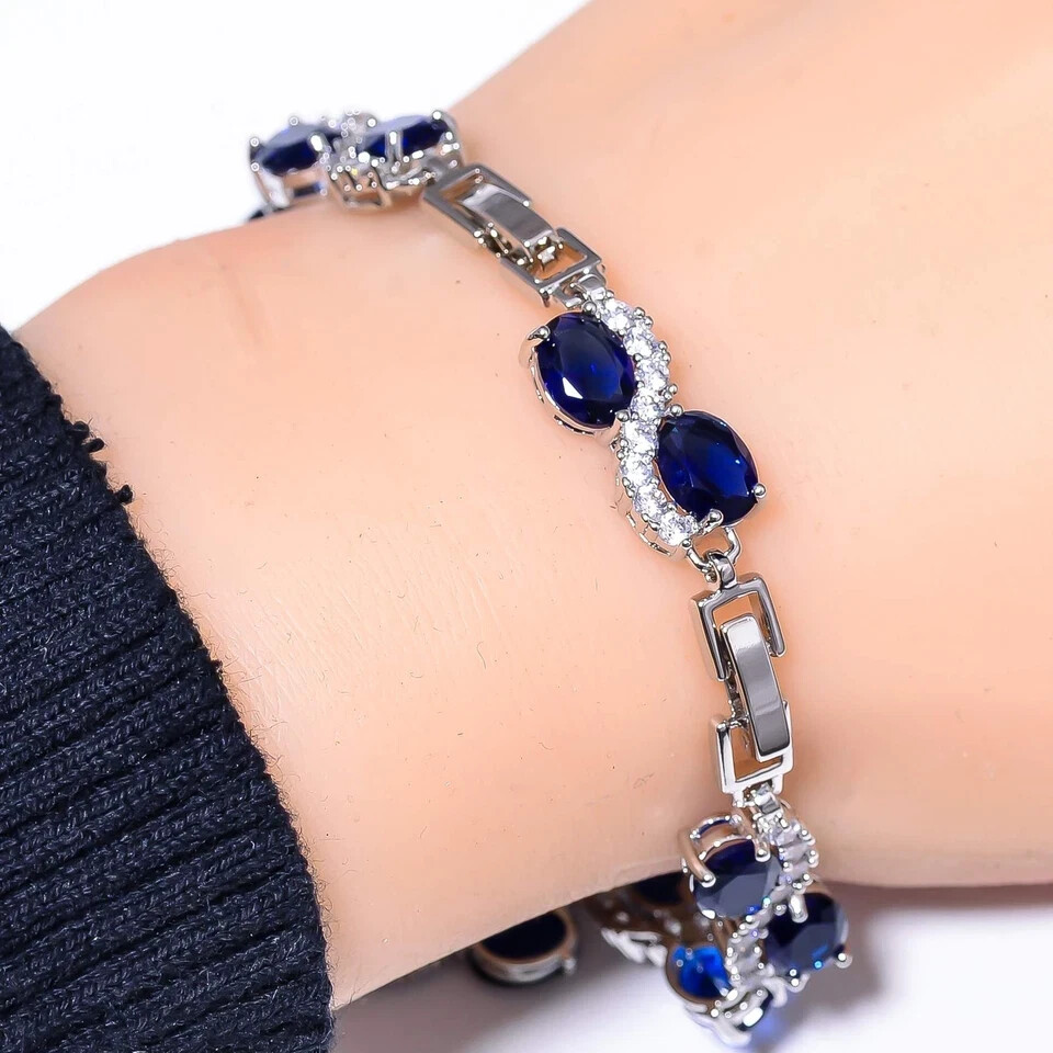 10Ct Oval Cut Simulated Sapphire Fancy Tennis Bracelet 925 White Sterling Silver