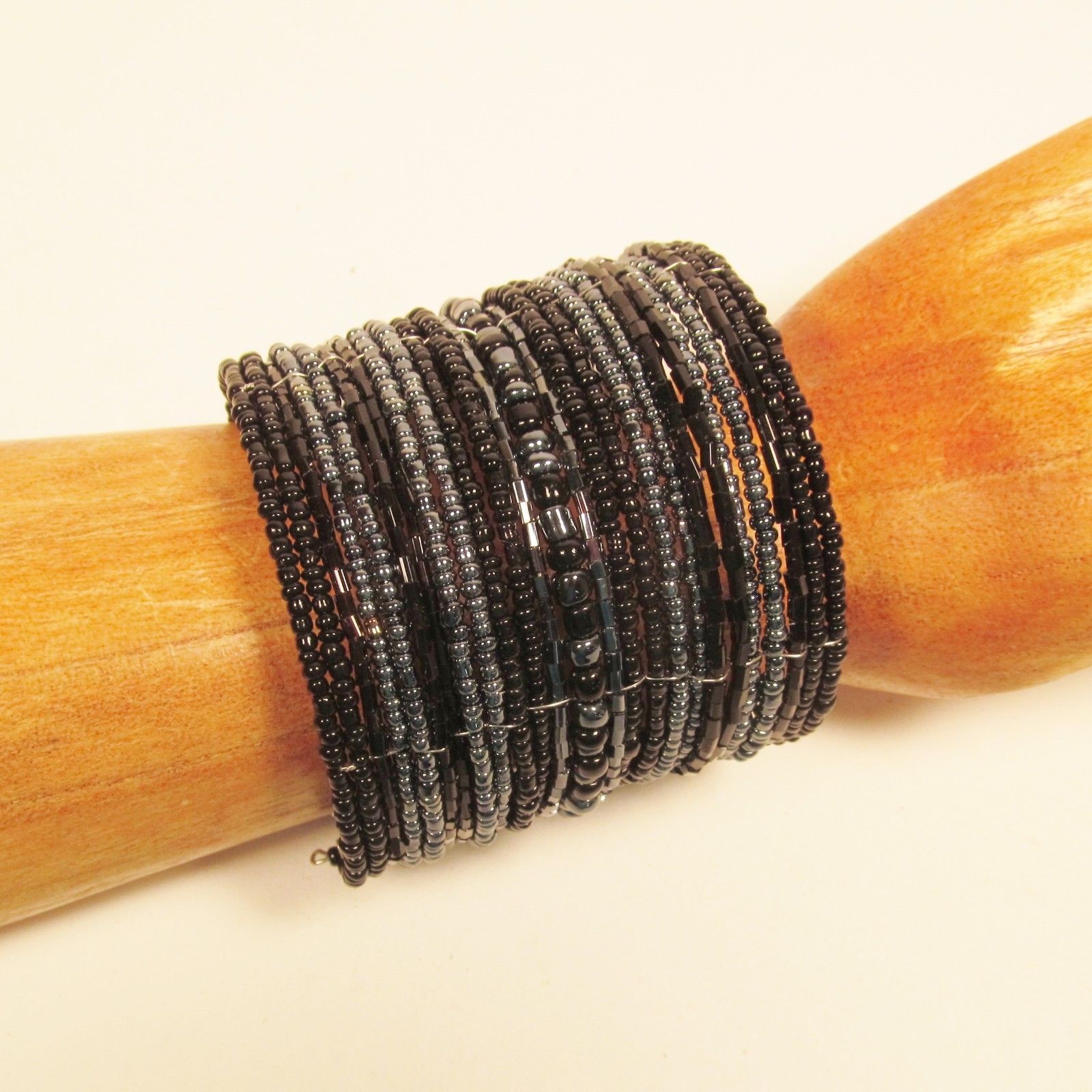 2″Wide Black Multi Color Bling Handmade Boho Beaded Bali Cuff Statement Bracelet
