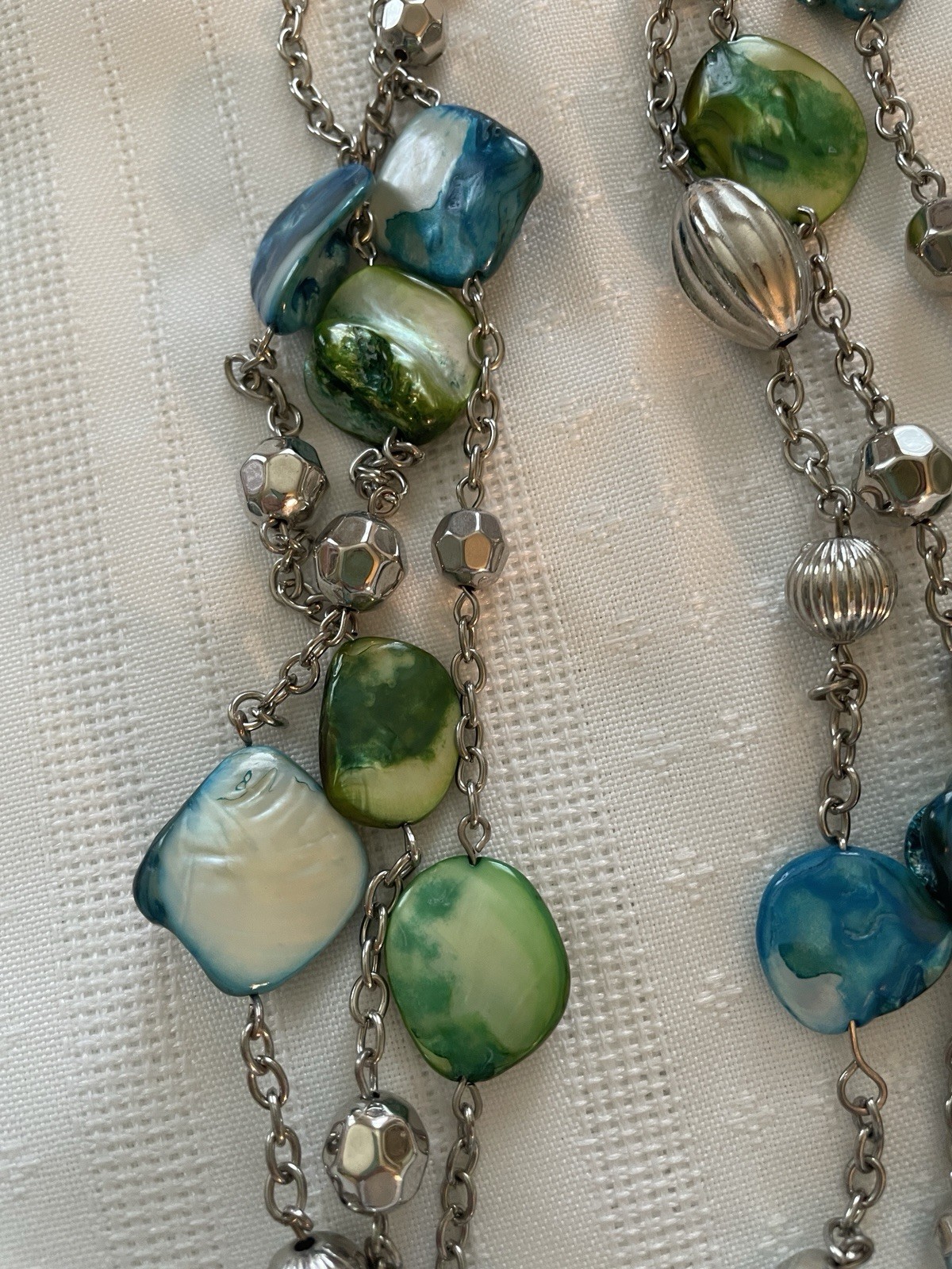 2 Iridescent Shell Bead & Metal Accent Necklaces / Pair Matching Clip Earrings
