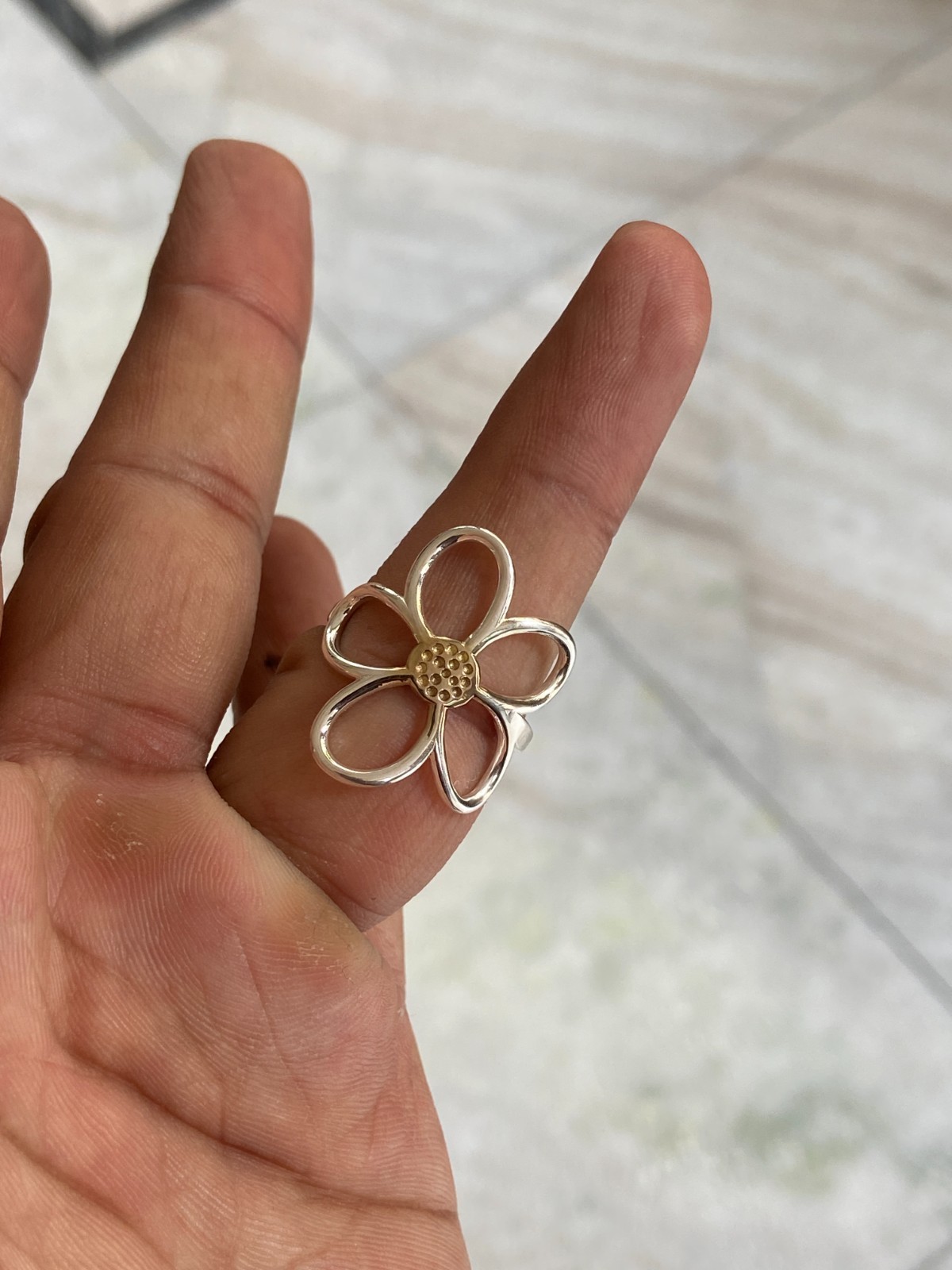 925 Sterling Silver Daisy Flower Ring Two Tone Gold Open Petal Boho Band 4-15US