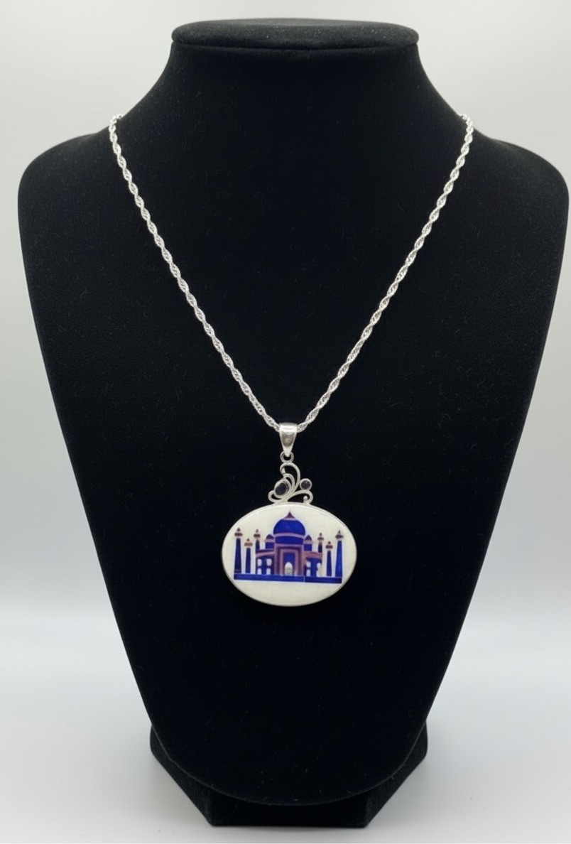 Arya 925 Sterling Silver Taj Mahal Druzy, MOP Multi-Stone Pendant + 30” Chain