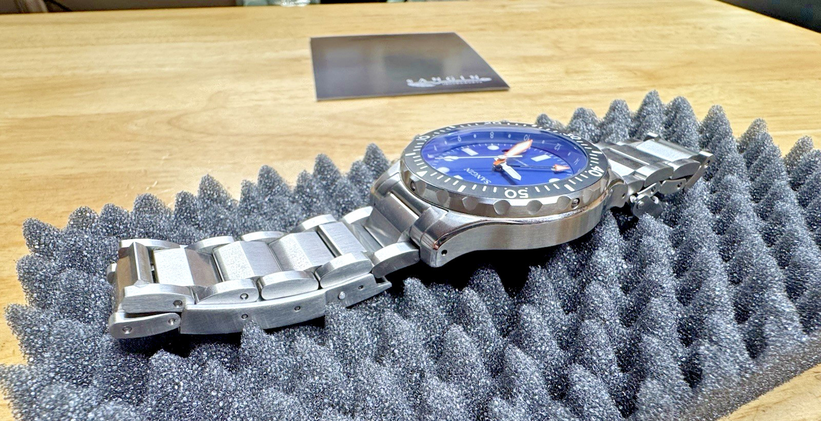 Sangin Professional Sea Blue Watch Brushed Rare Diplomat Bracelet Box Docs SOCAL