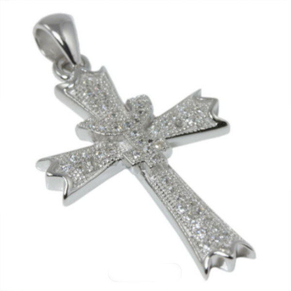 Silver Cross Pendant CZ w Mini + Detail 1.35 x .75″ 925 Sterling Man Woman Child