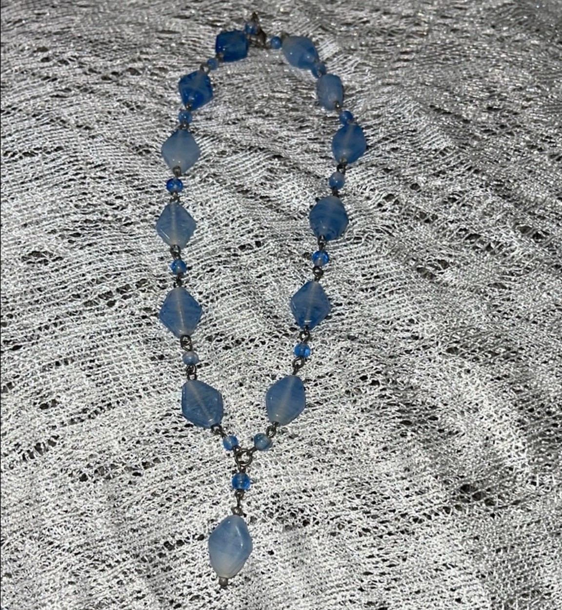 Vintage Blue Beaded choker With Hanging Stone necklace Festival Coastal Mystic