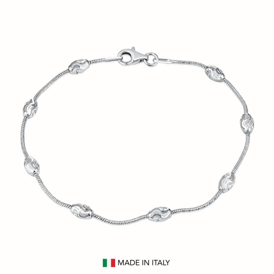 Solid 925 Sterling Silver Diamond-Cut Oval-Shaped Beaded Italian Bracelet 7″ 7.5