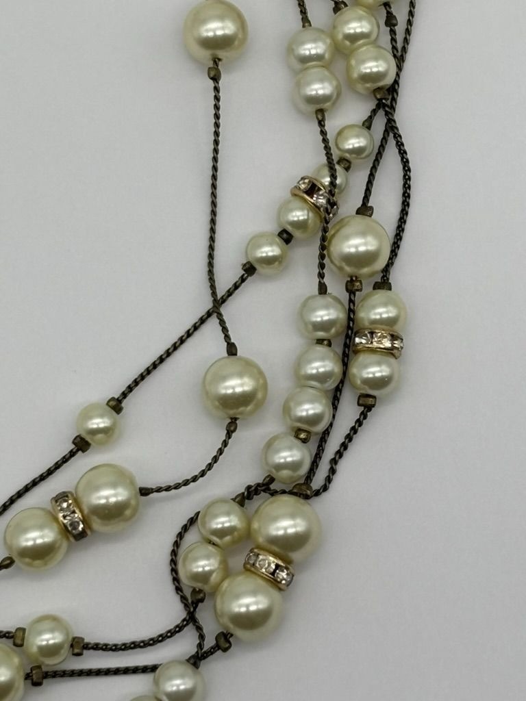 Coldwater Creek Multi-Strand Necklace Faux Pearls With Pave Set Rhinestone Beads