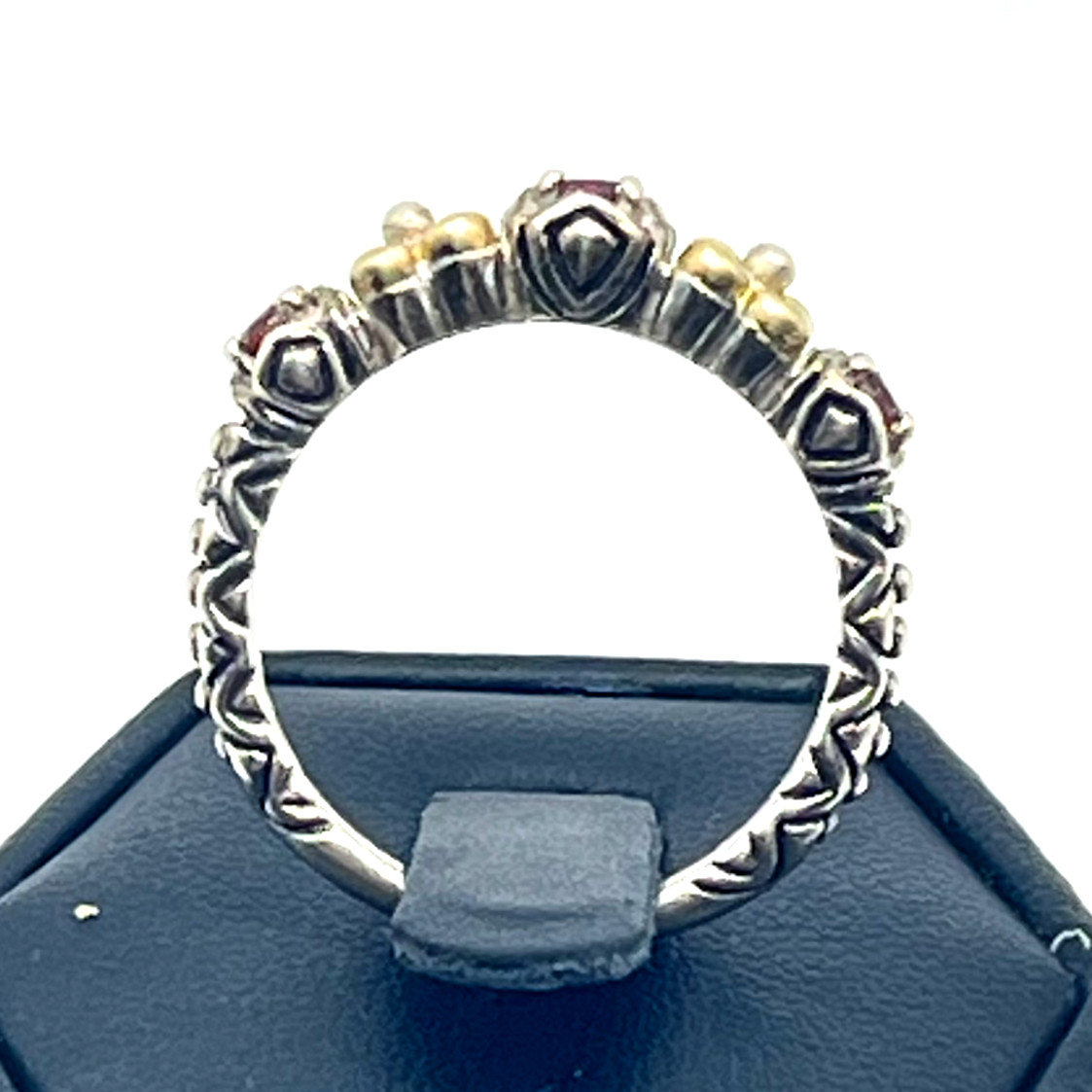 Barbara Bixby Band Ring Sz 8 Garnet and 18k Lotus Flower Accents Sterling 925
