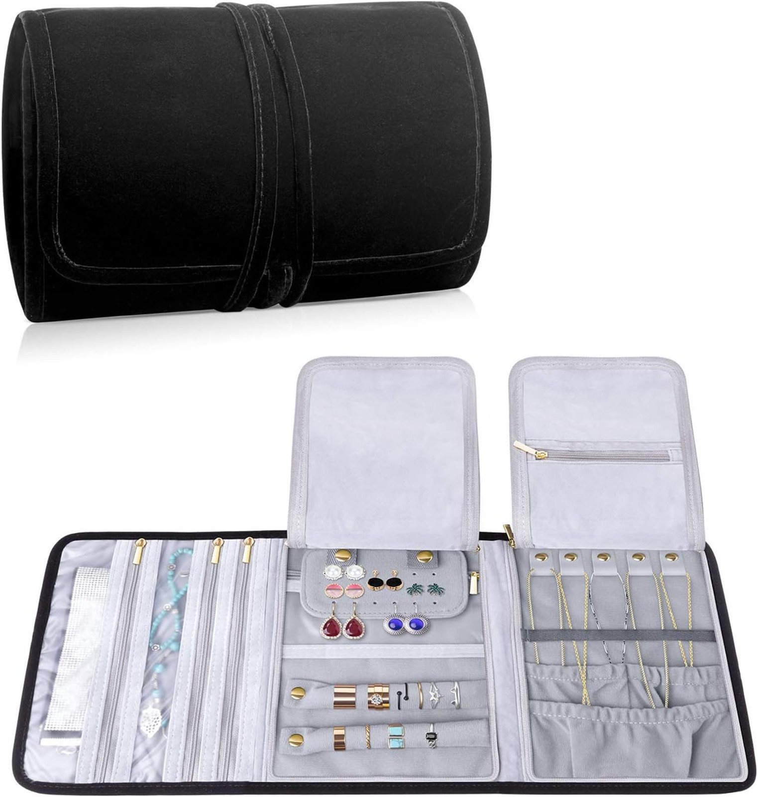 Velvet Travel Jewelry Roll Organizer for Necklaces Earrings Bracelets Rings
