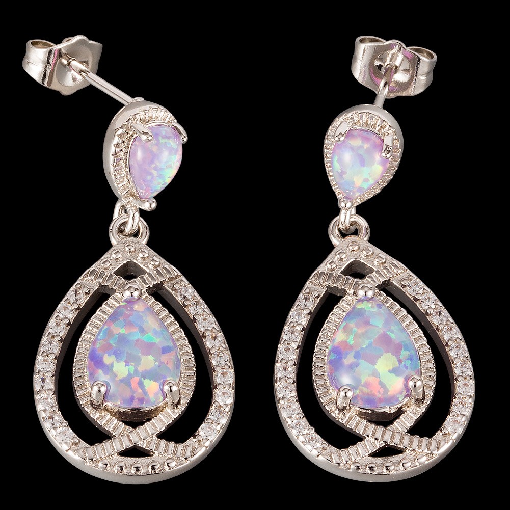 7×9 4×6 Pear Lavender Purple Fire Opal Cabochon Silver Drop Pierced Earrings