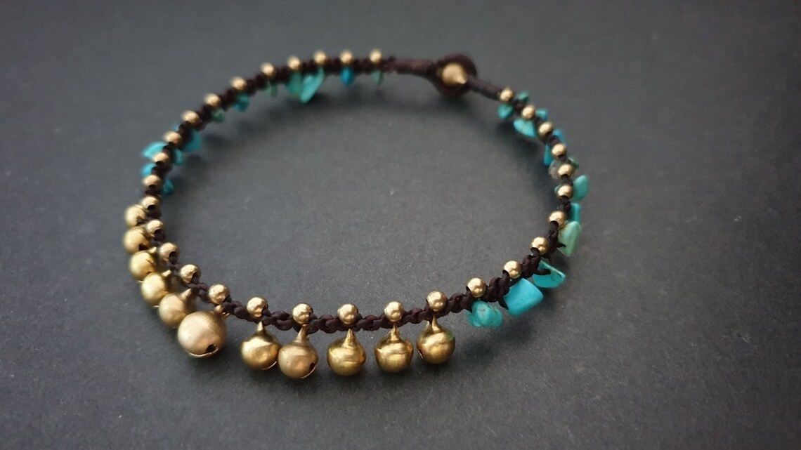 Jingling Brass Bell Chip Stone Anklet,Beaded Anklet,Women Anklet,Turquoise
