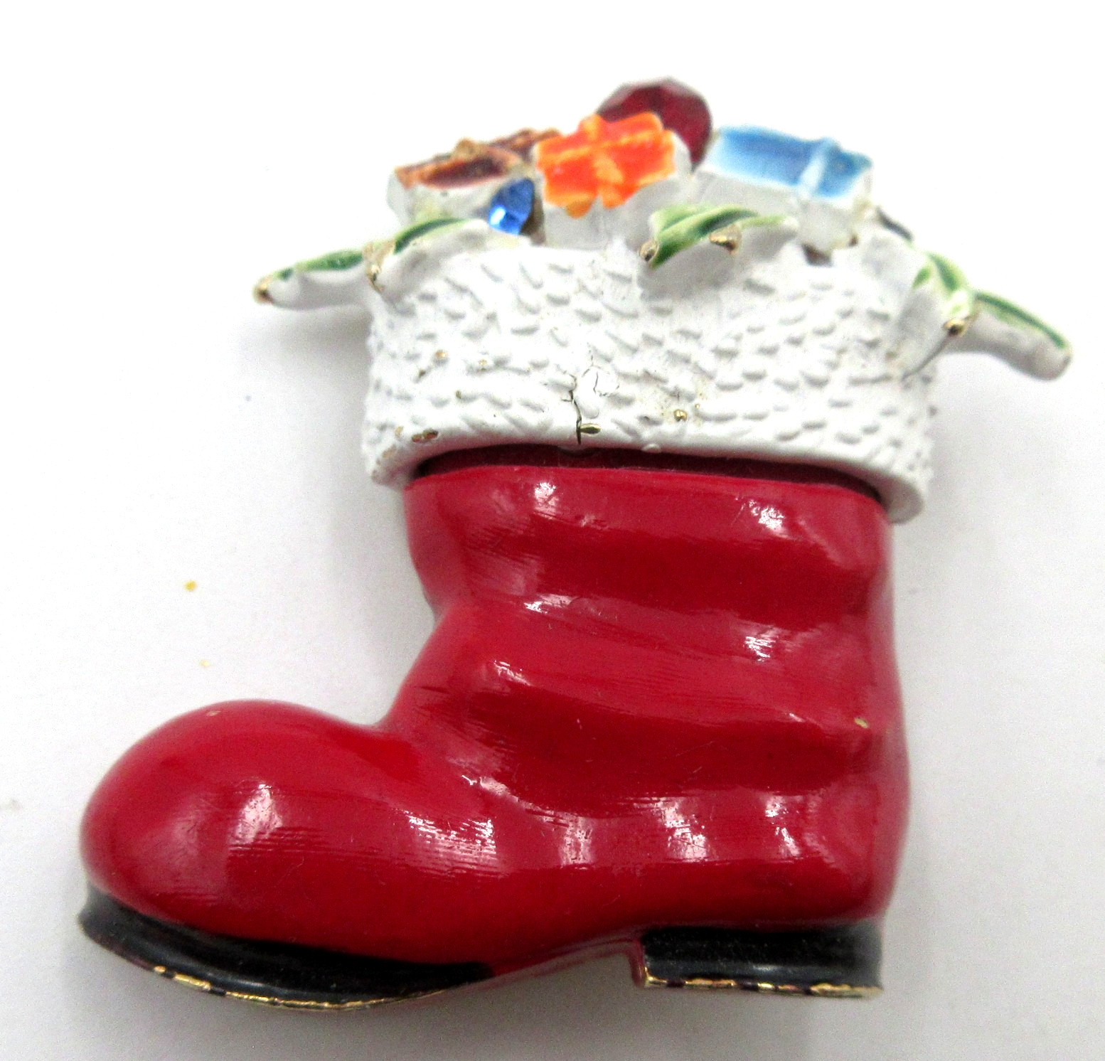VTG SIGNED ART ARTHUR PEPPER CHRISTMAS STOCKING BOOT Brooch Pin red gold tone