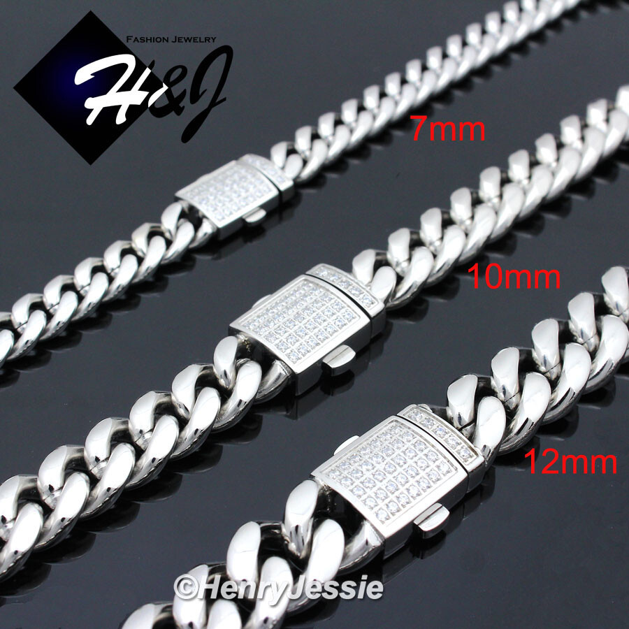 18″-40″MEN Stainless Steel 7mm Silver Icy Bling CZ Miami Cuban Curb Necklace*165