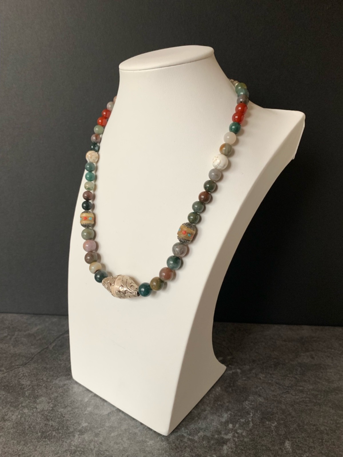 Moss Agate, Yak Bone, Conch Shell Focal Bead 21″ Necklace32