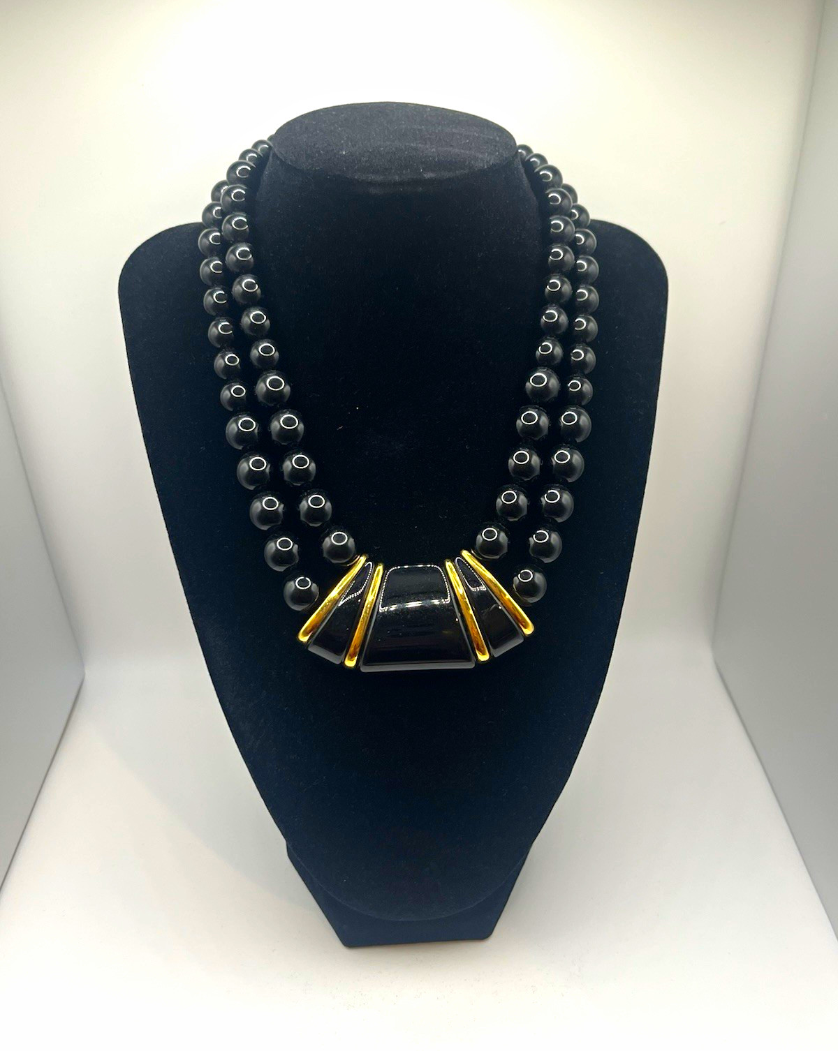 Vintage © Napier Double Strand Black Bead Gold Tone Statement Necklace Signed