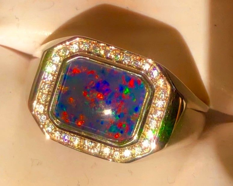 Heavy SS 10 SOLID Natural Australian Black Red Opal Men’s ring Signet SEE VIDEO