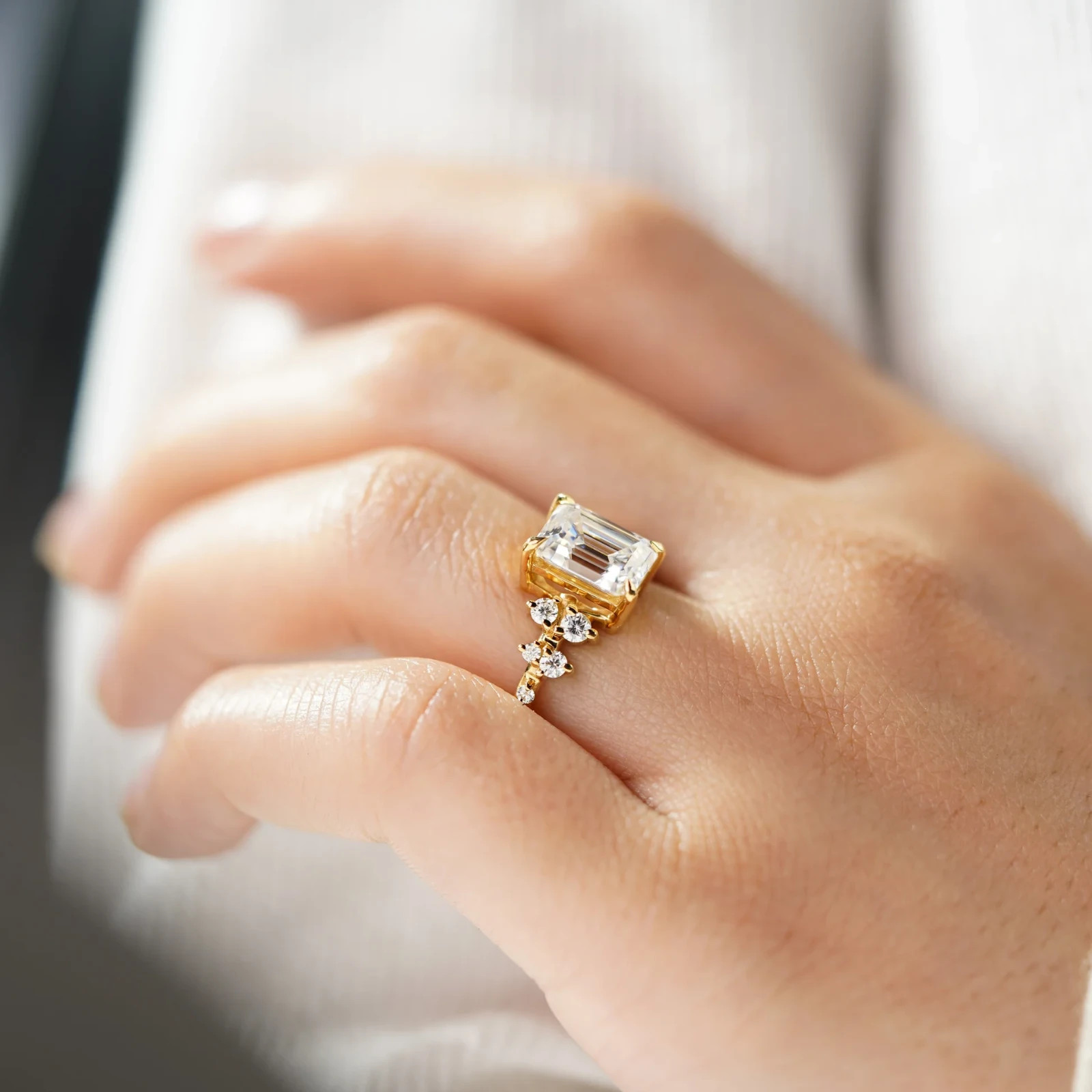 2.70Ct Emerald Cut EF/VS1 Lab Grown Diamond Cluster Wedding Ring 14K Yellow Gold