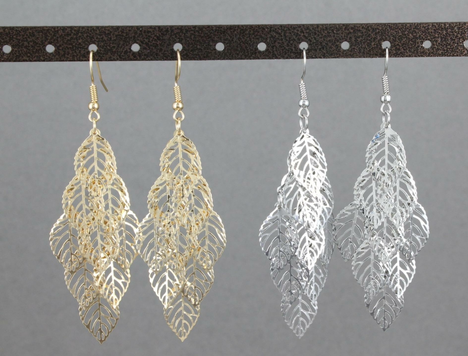 Silver chandelier earrings filigree leaf dangle pendant wiggly leaves 3.25″ long