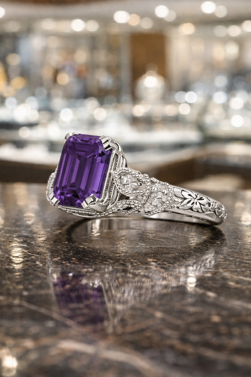 3.20 Ct Emerald Cut Natural Amethyst & Diamond Engagement Ring 14K White Gold 7