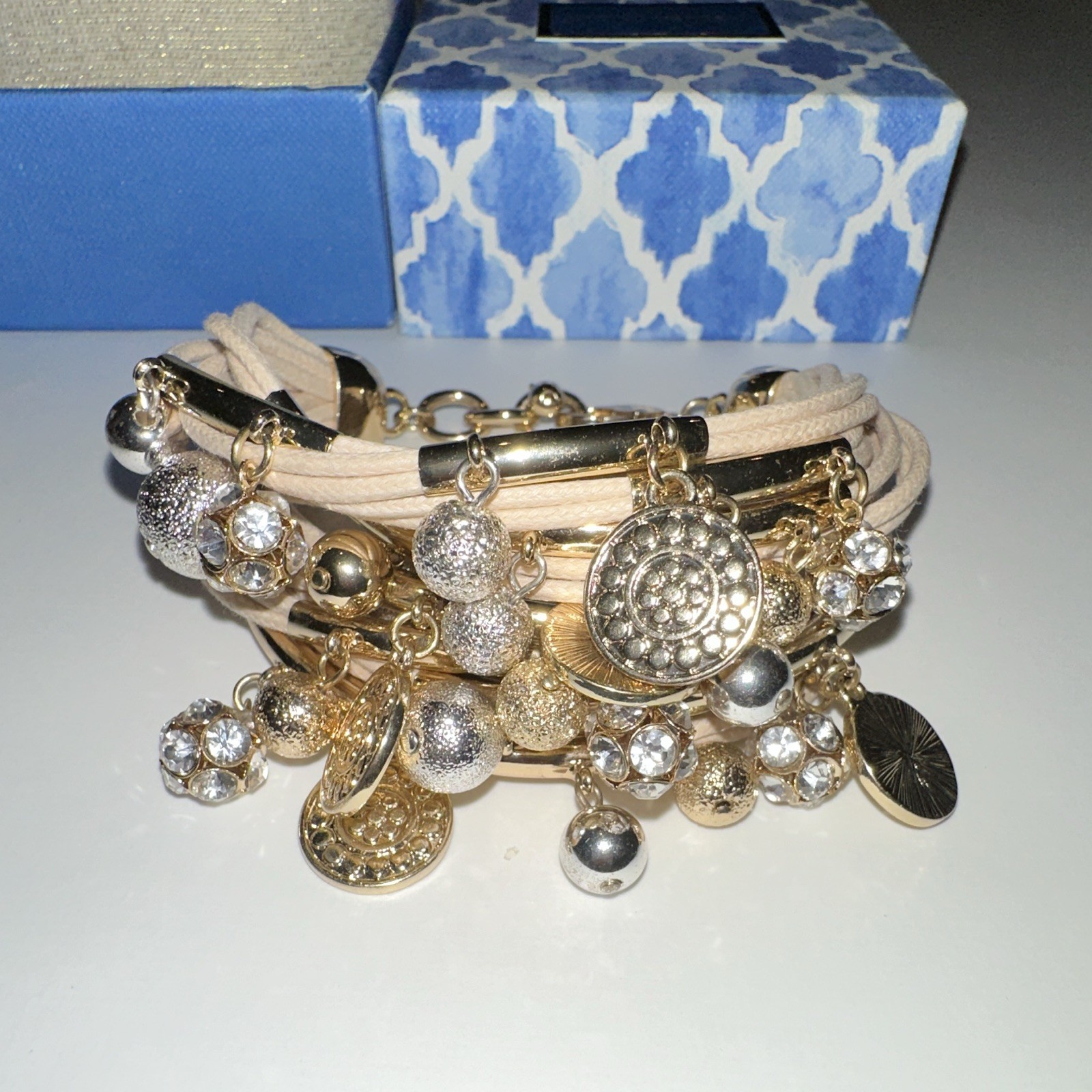 Bella Jack Layered Multi Strand Cuff Bracelet Gold Tone Coin Charms Beads Box