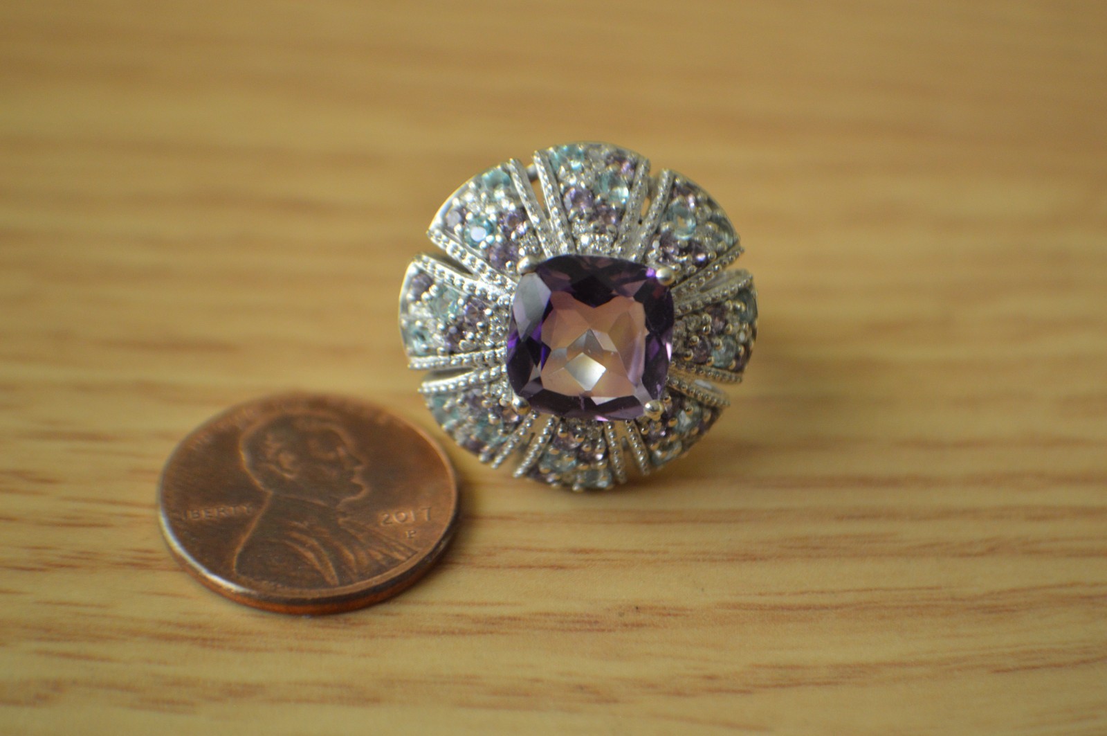 5.85ct Morrocan Rose Quartz / Multi Gemstone Ring Rhodium over Silver Size 7