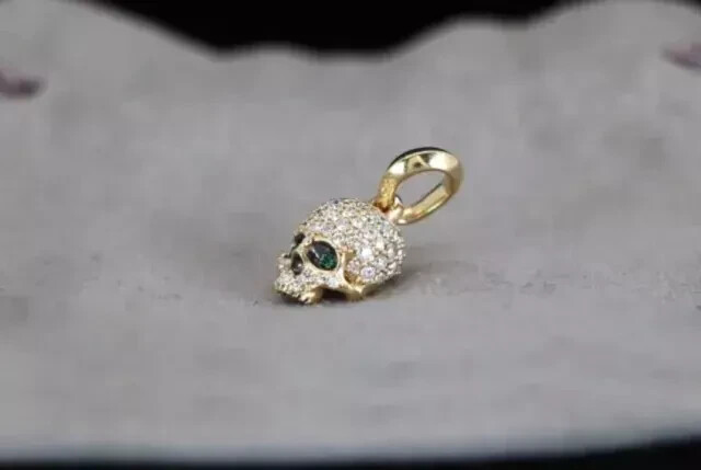 14k Yellow Gold Plated Pave set Lab Created Diamond Memento Mori Skull Pendant