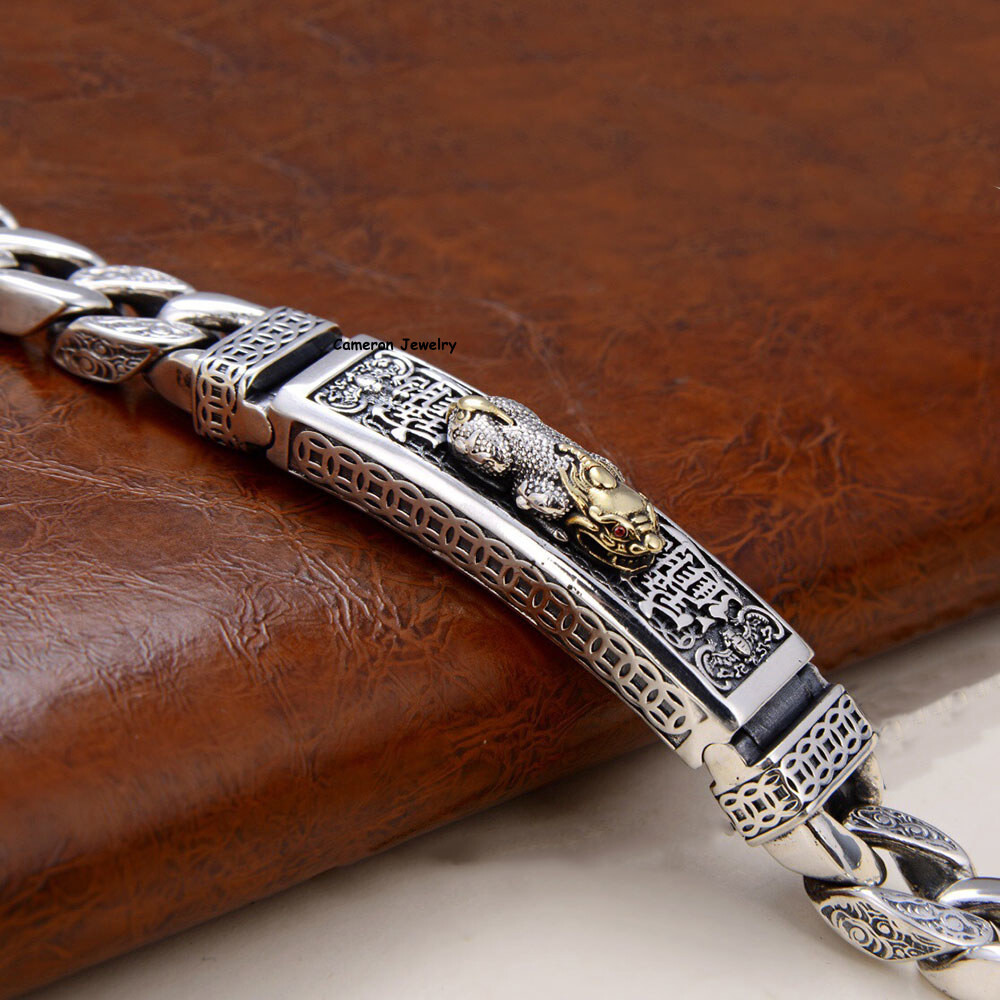 Solid S925 Sterling Silver Bracelet 11mm Wealth Pixiu Curb Link Chain 7-9in