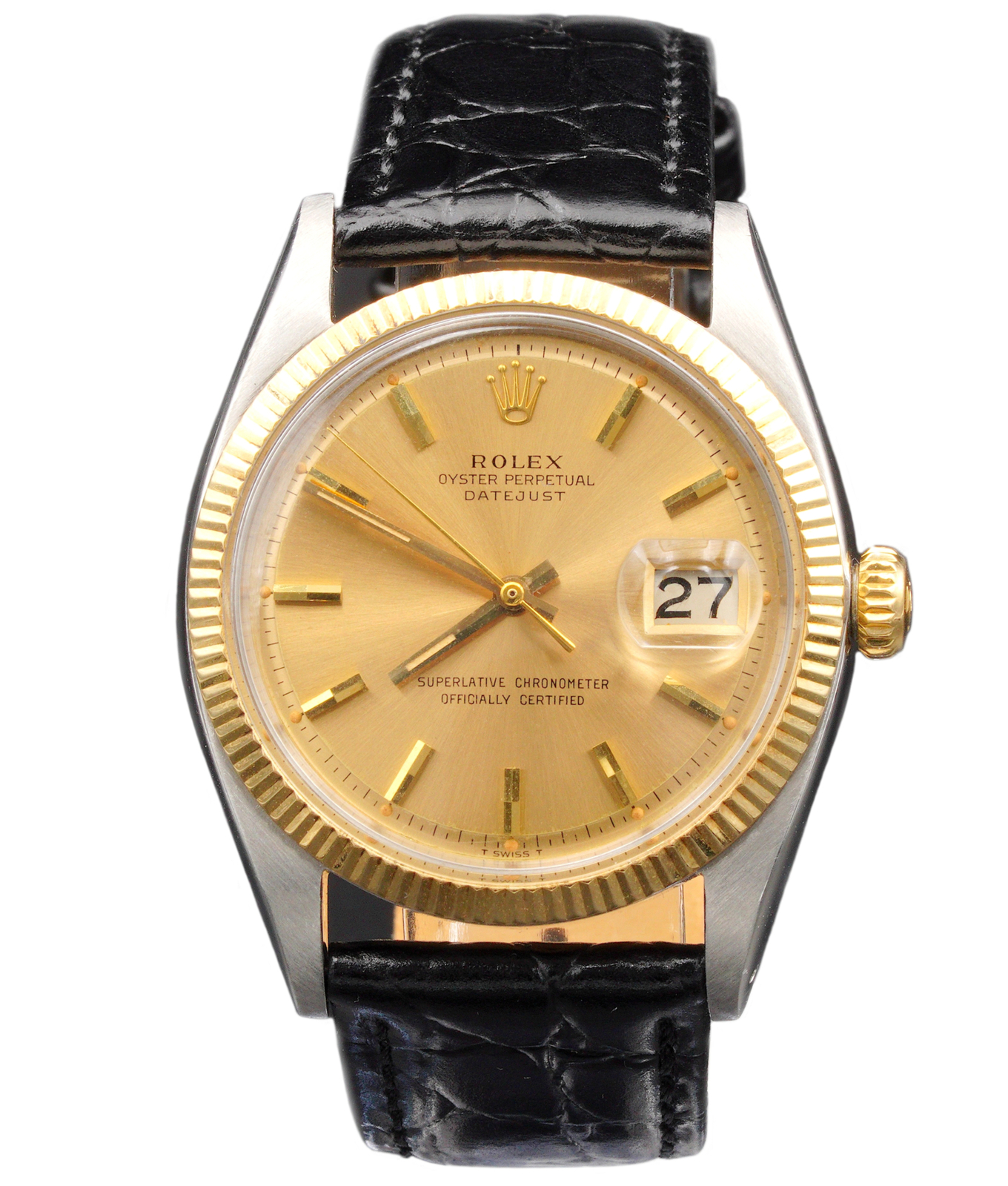 Vintage Mens Rolex Datejust 1601 Two-Tone Watch Gold Champagne Dial Black Strap