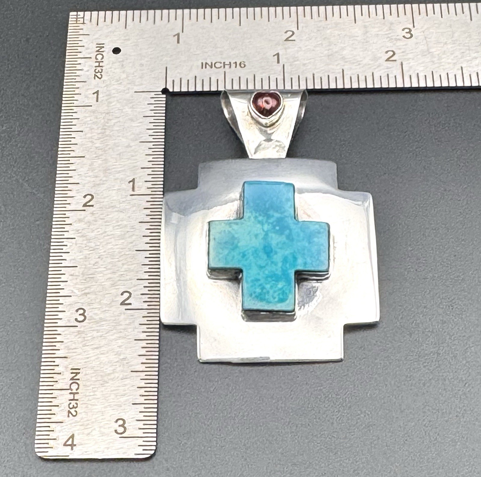 Nakai Sterling Silver Turquoise Cross Pendant Brooch Garnet Heart Signed 22.4g